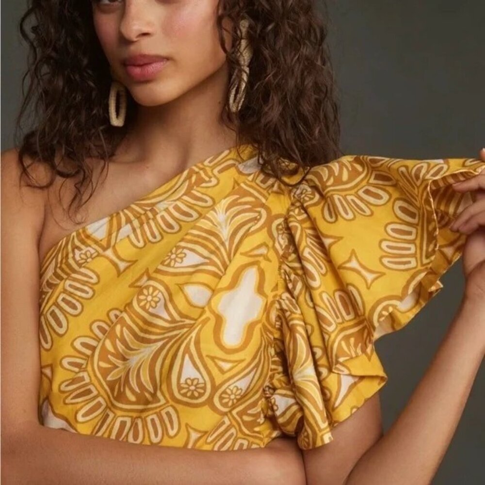 NWT Farm Rio Yellow Ainika Tapestry One Shoulder Lined Maxi Dress Size XXS - Picture 2 of 6